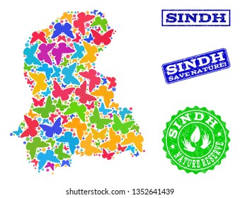 Ecological combination of bright mosaic map of Sindh Province and scratched stamps with Save Nature caption. Mosaic map of Sindh Province constructed with bright colored butterflies.