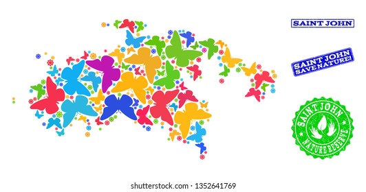 Ecological combination of bright mosaic map of Saint John Island and grunge stamps with Save Nature caption. Mosaic map of Saint John Island designed with multi-colored butterflies.