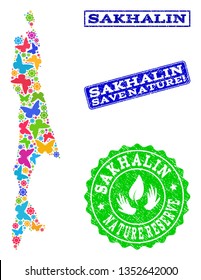Ecological combination of bright mosaic map of Sakhalin Island and grunge seals with Nature Reserve caption. Mosaic map of Sakhalin Island designed with bright colored butterflies.
