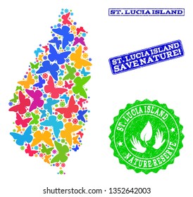 Ecological combination of bright mosaic map of Saint Lucia Island and dirty seal stamps with Nature Reserve text. Mosaic map of Saint Lucia Island constructed with bright colored butterflies.