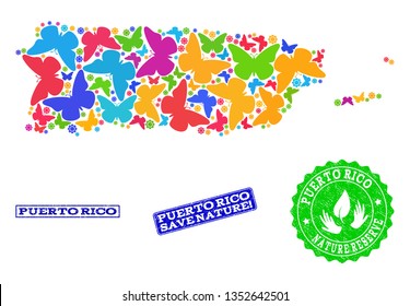 Ecological combination of bright mosaic map of Puerto Rico and unclean seal stamps with Nature Reserve text. Mosaic map of Puerto Rico designed with multi-colored butterflies.