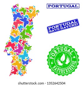 Ecological combination of bright mosaic map of Portugal and unclean seals with Nature Reserve caption. Mosaic map of Portugal designed with multi-colored butterflies.