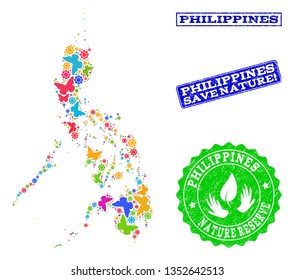 Ecological combination of bright mosaic map of Philippines and dirty seal stamps with Save Nature text. Mosaic map of Philippines designed with bright colored butterflies.