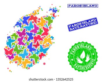 Ecological combination of bright mosaic map of Paros Island and rubber stamps with Nature Reserve caption. Mosaic map of Paros Island designed with colorful butterflies.