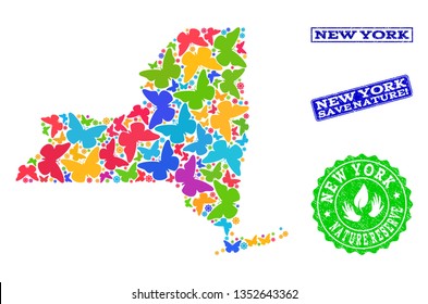 Ecological combination of bright mosaic map of New York State and textured seals with Save Nature caption. Mosaic map of New York State designed with bright colored butterflies.