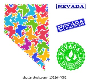 Ecological combination of bright mosaic map of Nevada State and scratched seals with Save Nature text. Mosaic map of Nevada State designed with bright colored butterflies.