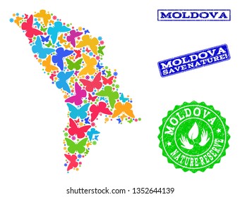 Ecological combination of bright mosaic map of Moldova and rubber seals with Nature Reserve text. Mosaic map of Moldova constructed with bright colored butterflies.
