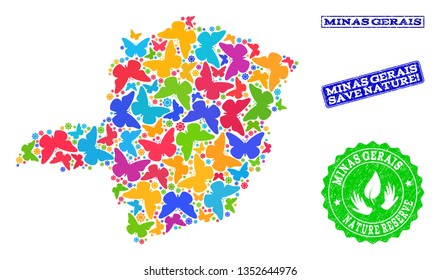 Ecological combination of bright mosaic map of Minas Gerais State and rubber stamps with Nature Reserve text. Mosaic map of Minas Gerais State constructed with bright colored butterflies.