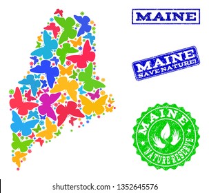 Ecological combination of bright mosaic map of Maine State and unclean stamps with Save Nature text. Mosaic map of Maine State constructed with bright colored butterflies.