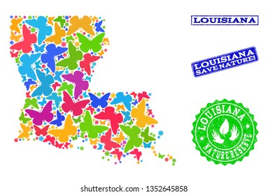Ecological combination of bright mosaic map of Louisiana State and unclean seal stamps with Save Nature caption. Mosaic map of Louisiana State designed with bright colored butterflies.