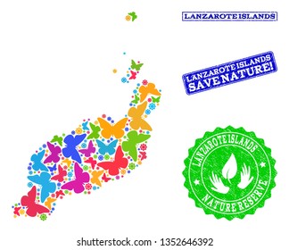 Ecological combination of bright mosaic map of Lanzarote Islands and scratched stamps with Save Nature caption. Mosaic map of Lanzarote Islands constructed with multi-colored butterflies.