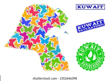 Ecological combination of bright mosaic map of Kuwait and grunge seals with Save Nature text. Mosaic map of Kuwait constructed with bright colored butterflies.