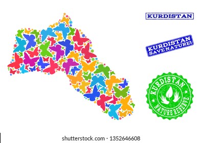Ecological combination of bright mosaic map of Kurdistan and dirty seals with Save Nature caption. Mosaic map of Kurdistan designed with bright colored butterflies.