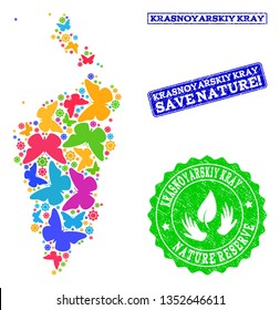 Ecological combination of bright mosaic map of Krasnoyarskiy Kray and dirty seal stamps with Nature Reserve text. Mosaic map of Krasnoyarskiy Kray constructed with bright colored butterflies.