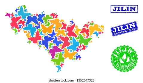 Ecological combination of bright mosaic map of Jilin Province and rubber stamps with Nature Reserve text. Mosaic map of Jilin Province designed with bright colored butterflies.