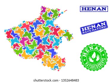 Ecological combination of bright mosaic map of Henan Province and rubber stamps with Nature Reserve caption. Mosaic map of Henan Province constructed with multi-colored butterflies.