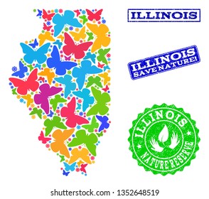 Ecological combination of bright mosaic map of Illinois State and unclean seals with Save Nature text. Mosaic map of Illinois State constructed with bright colored butterflies.