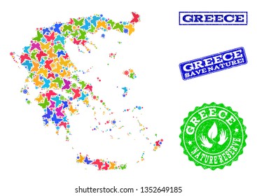 Ecological combination of bright mosaic map of Greece and unclean seal stamps with Nature Reserve text. Mosaic map of Greece designed with bright colored butterflies.