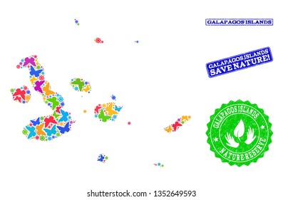 Ecological combination of bright mosaic map of Galapagos Islands and rubber seal stamps with Save Nature caption. Mosaic map of Galapagos Islands designed with bright colored butterflies.