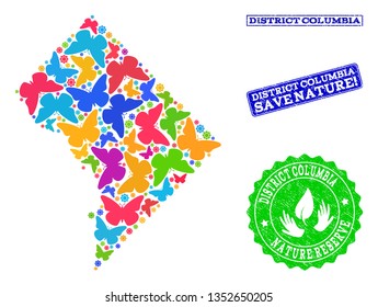 Ecological combination of bright mosaic map of District Columbia and scratched seals with Save Nature text. Mosaic map of District Columbia constructed with bright colored butterflies.