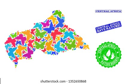 Ecological combination of bright mosaic map of Central African Republic and dirty seals with Nature Reserve caption. Mosaic map of Central African Republic constructed with bright colored butterflies.
