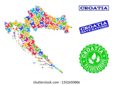 Ecological combination of bright mosaic map of Croatia and grunge seal stamps with Nature Reserve text. Mosaic map of Croatia constructed with bright colored butterflies.