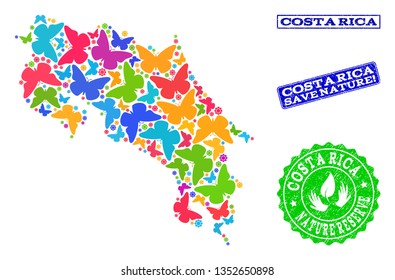 Ecological combination of bright mosaic map of Costa Rica and scratched seals with Nature Reserve caption. Mosaic map of Costa Rica constructed with bright colored butterflies.