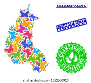 Ecological combination of bright mosaic map of Champagne Province and corroded stamps with Save Nature text. Mosaic map of Champagne Province constructed with bright colored butterflies.
