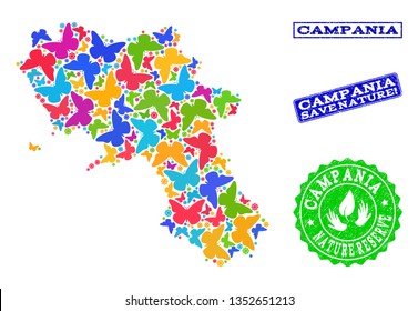 Ecological combination of bright mosaic map of Campania region and scratched seals with Nature Reserve text. Mosaic map of Campania region designed with colorful butterflies.
