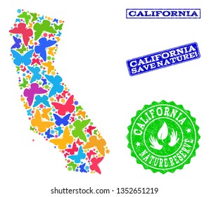 Ecological combination of bright mosaic map of California and grunge seals with Save Nature text. Mosaic map of California constructed with colorful butterflies.