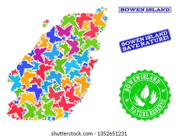 Ecological combination of bright mosaic map of Bowen Island and grunge seals with Save Nature caption. Mosaic map of Bowen Island designed with bright colored butterflies.