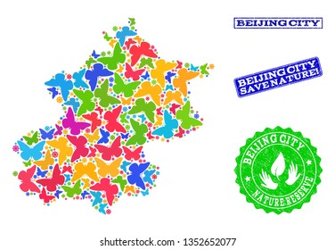 Ecological combination of bright mosaic map of Beijing Municipality and rubber seals with Save Nature caption. Mosaic map of Beijing Municipality designed with bright colored butterflies.
