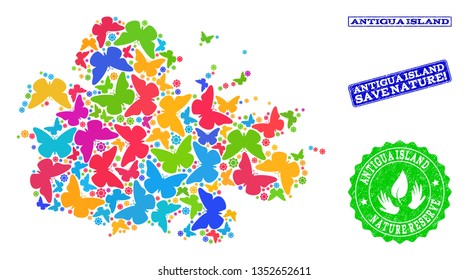 Ecological combination of bright mosaic map of Antigua Island and unclean seals with Save Nature caption. Mosaic map of Antigua Island constructed with bright colored butterflies.