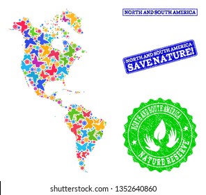 Ecological composition of bright mosaic map of South and North America and grunge stamps with Nature Reserve text. Mosaic map of South and North America constructed with bright colored butterflies.