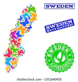 Ecological composition of bright mosaic map of Sweden and rubber stamps with Nature Reserve text. Mosaic map of Sweden designed with bright colored butterflies.