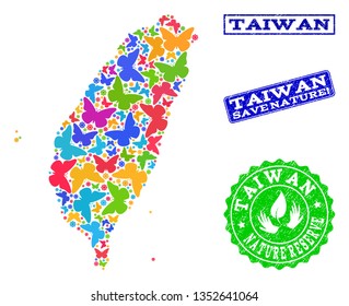 Ecological composition of bright mosaic map of Taiwan and scratched seal stamps with Save Nature caption. Mosaic map of Taiwan constructed with bright colored butterflies.
