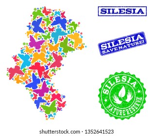 Ecological composition of bright mosaic map of Silesia Province and rubber stamps with Nature Reserve caption. Mosaic map of Silesia Province constructed with bright colored butterflies.