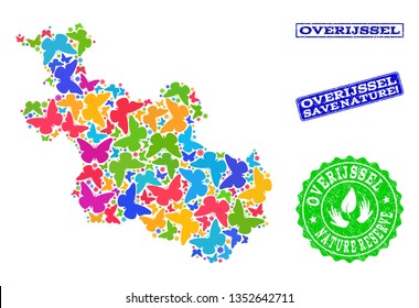 Ecological composition of bright mosaic map of Overijssel Province and corroded seals with Save Nature text. Mosaic map of Overijssel Province constructed with bright colored butterflies.