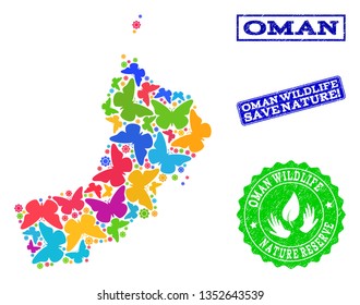 Ecological composition of bright mosaic map of Oman and rubber seals with Nature Reserve text. Mosaic map of Oman designed with multi-colored butterflies. Vector seals with distress rubber texture.