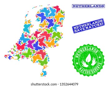 Ecological composition of bright mosaic map of Netherlands and corroded seals with Nature Reserve text. Mosaic map of Netherlands designed with multi-colored butterflies.
