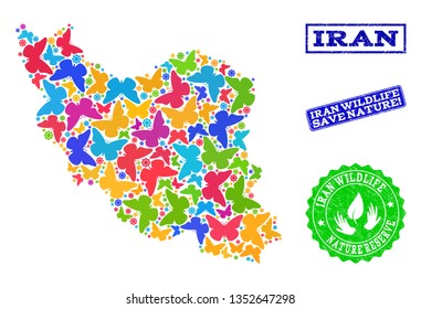 Ecological composition of bright mosaic map of Iran and rubber seals with Save Nature text. Mosaic map of Iran designed with multi-colored butterflies. Vector seals with grunge rubber texture.