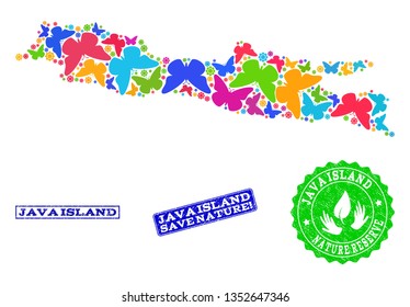 Ecological composition of bright mosaic map of Java Island and corroded stamps with Save Nature text. Mosaic map of Java Island constructed with bright colored butterflies.