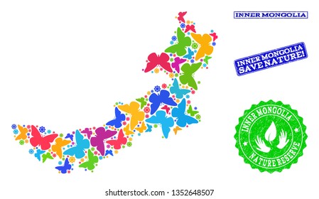 Ecological composition of bright mosaic map of Inner Mongolia and rubber stamps with Nature Reserve caption. Mosaic map of Inner Mongolia constructed with colorful butterflies.