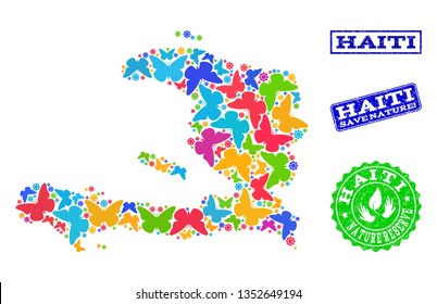 Ecological composition of bright mosaic map of Haiti and textured stamps with Nature Reserve text. Mosaic map of Haiti designed with bright colored butterflies.