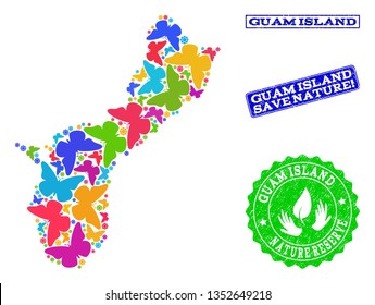 Ecological composition of bright mosaic map of Guam Island and rubber seal stamps with Nature Reserve caption. Mosaic map of Guam Island designed with bright colored butterflies.