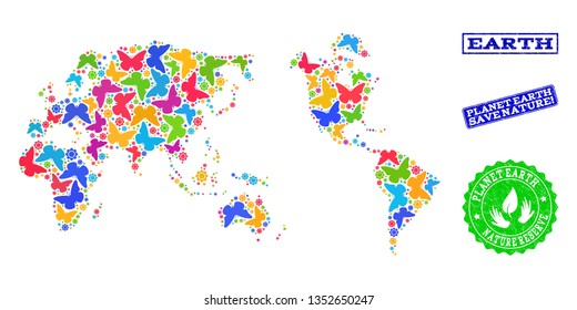 Ecological composition of bright mosaic map of Earth and unclean stamps with Nature Reserve caption. Mosaic map of Earth designed with bright colored butterflies.