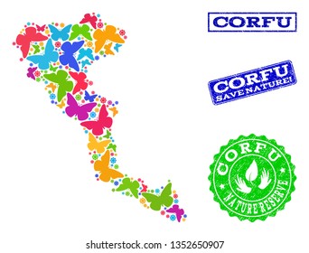 Ecological composition of bright mosaic map of Corfu Island and dirty seals with Save Nature text. Mosaic map of Corfu Island designed with bright colored butterflies.