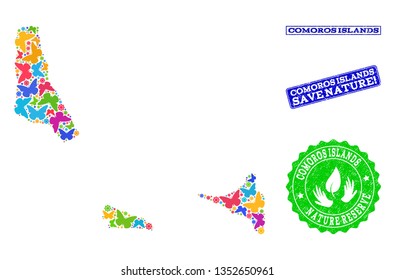 Ecological composition of bright mosaic map of Comoros Islands and unclean seals with Save Nature caption. Mosaic map of Comoros Islands designed with bright colored butterflies.