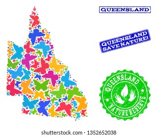 Ecological composition of bright mosaic map of Australian Queensland and rubber seals with Nature Reserve text. Mosaic map of Australian Queensland designed with bright colored butterflies.