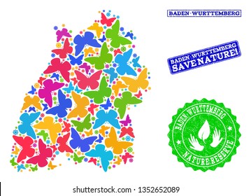 Ecological composition of bright mosaic map of Baden-Wurttemberg State and rubber seals with Save Nature caption. Mosaic map of Baden-Wurttemberg State designed with bright colored butterflies.